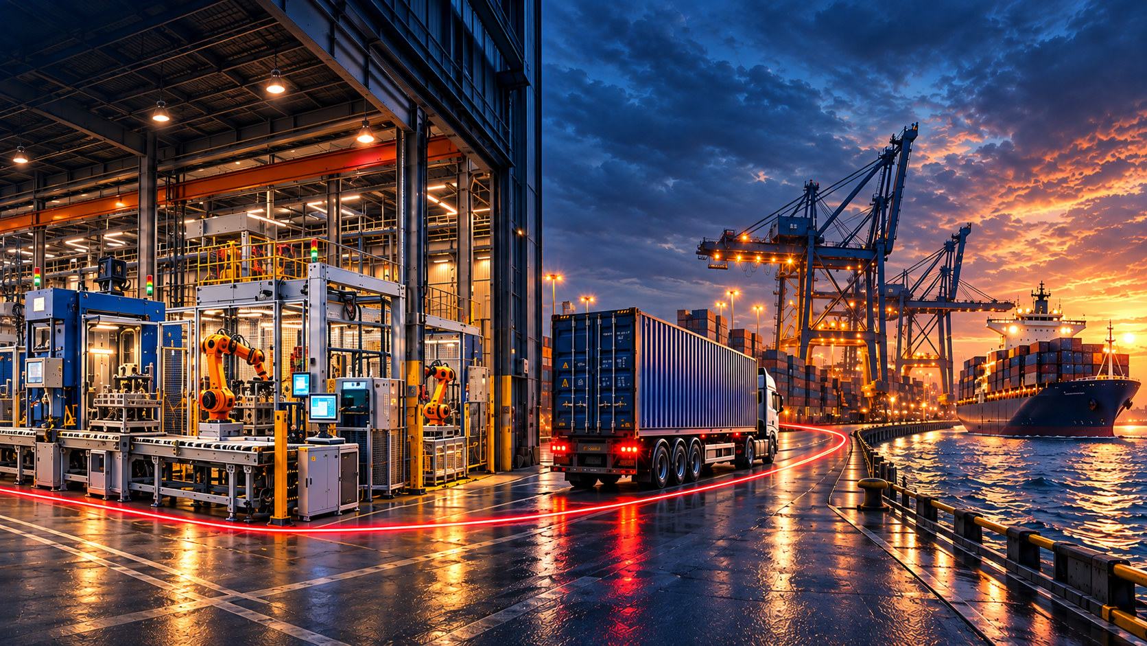 Factory floor opening onto a container port at dusk